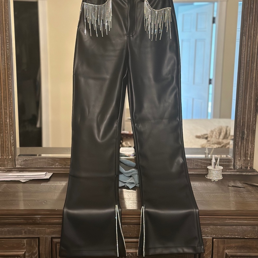 Black Flare Pants with Rhinestone Details